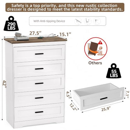 Farmhouse Dresser for Bedroom Wooden Chest of Drawers with Charging, view 4