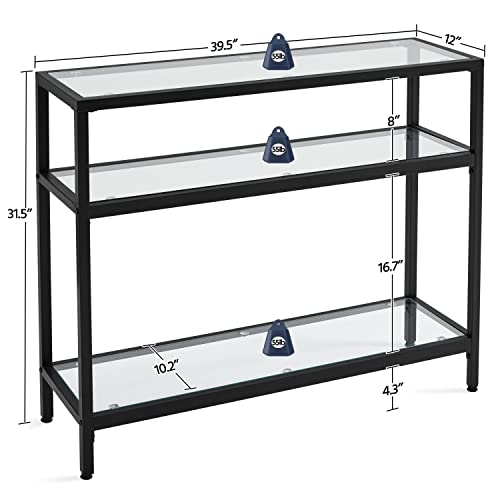 Yaheetech 39.5" Console Table with 3 Storage Shelves,Tempered Glass Sofa Table, Modern Entryway Tables with Metal Frame for Hallway Living Room Bedroom, Easy Assembly, Black