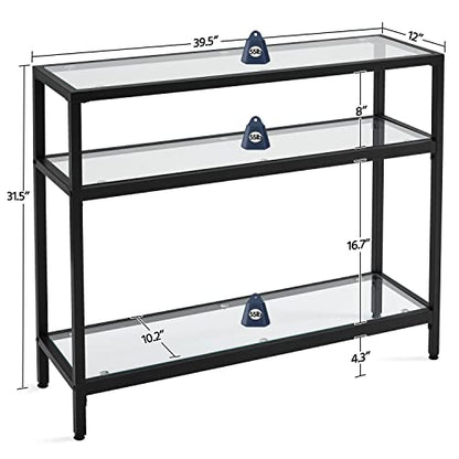 Yaheetech 39.5" Console Table with 3 Storage Shelves,Tempered Glass Sofa Table, Modern Entryway Tables with Metal Frame for Hallway Living Room Bedroom, Easy Assembly, Black