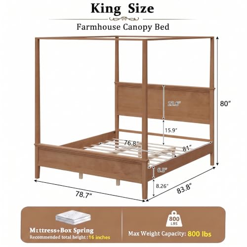 Rustic Farmhouse King Size 4-Poster Canopy Platform Bed with Headboard, view 3