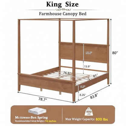 Rustic Farmhouse King Size 4-Poster Canopy Platform Bed with Headboard, view 3