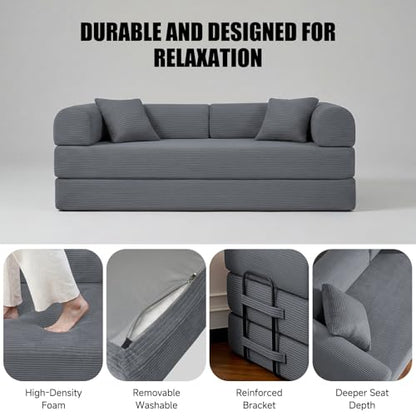 79" Boneless Couch,6-in-1 Convertible Sofa Bed,Corduroy Sleeper Sofa Bed with Pillows,Modular Foldable Floor Loveseat, Boneless Couches for Living Room, Bedroom, Lounge, Studio (Dark Gray)