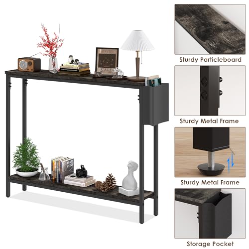39.4" Console Entryway Table, 2-Tier Industrial Narrow Sofa Table with Storage Shelves for Hallway, Living Room, Bedroom, Foyer, Corridor, Office, Black