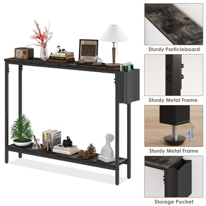 39.4" Console Entryway Table, 2-Tier Industrial Narrow Sofa Table with Storage Shelves for Hallway, Living Room, Bedroom, Foyer, Corridor, Office, Black