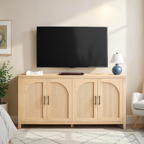 Sasha 4-Door Reeded Sideboard Buffet with Cord Management, 60 Inch, Coastal Oak