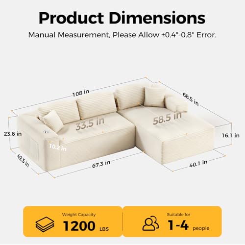 108" L-Shaped Boneless Sectional Couch, No Assembly Deep Seat, Beige | Cloud Sofa, 4-Seater Sofa, Storage Pockets, Plush Corduroy, Right-Facing Chaise