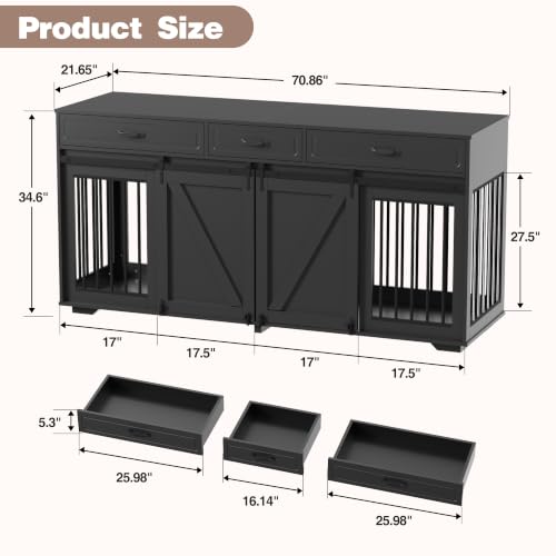 Double Dog Crate Furniture, 71" TV Stand Kennel for 2 Dogs, view 3