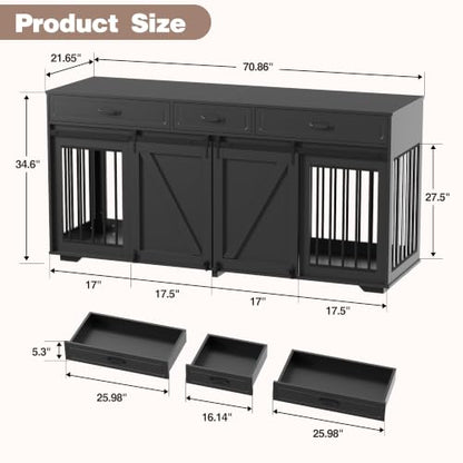 Double Dog Crate Furniture, 71" TV Stand Kennel for 2 Dogs, view 3