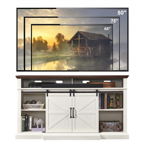 Farmhouse TV Stand for 80 Inch TVs, 37.4"Tall Entertainment Center w/Storage Cabinets and Sliding Barn Door, Media Console Cabinet w/Soundbar & Adjustable Shelves for Living Room, 70 inch (White)