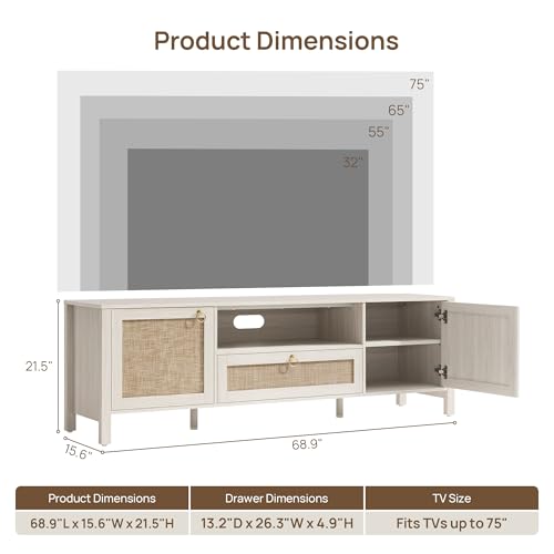 Rattan TV Stand for TVs up to 75 Inch, White Entertainment Center, view 3
