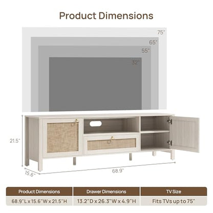 Rattan TV Stand for TVs up to 75 Inch, White Entertainment Center, view 3