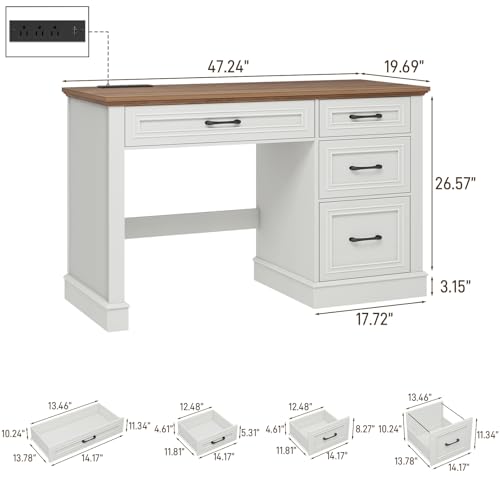 Farmhouse 47" Executive Desk, Computer Desk with Drawers and File Drawer, Workstation Computer Desk with Charging Station for Home Office,Study,Unique White.