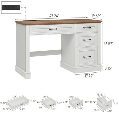 Farmhouse 47" Executive Desk, Computer Desk with Drawers and File Drawer, Workstation Computer Desk with Charging Station for Home Office,Study,Unique White.