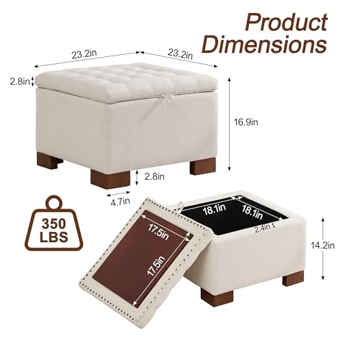 24" Square Fabric Storage Ottoman with Wooden Tray Top, Modern Tufted Button Upholstered Footstool Coffee Table, Multifunctional Small Storage Ottoman for Living Room Bedroom, Beige