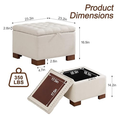 24" Square Fabric Storage Ottoman with Wooden Tray Top, Modern Tufted Button Upholstered Footstool Coffee Table, Multifunctional Small Storage Ottoman for Living Room Bedroom, Beige