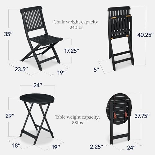 Best Choice Products 3-Piece Acacia Wood Bistro Set, Folding Patio Furniture for Backyard, Balcony, Deck w/ 2 Chairs, Round Coffee Table, Teak Finish - Charcoal