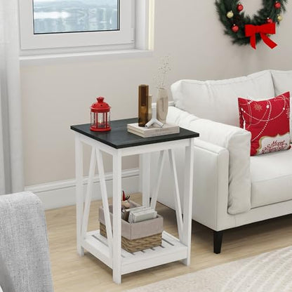 Farmhouse Square End Table, Accent Side Table with Slats Design, Sofa Side Table with Sturdy Frame for Living Room, Oak Black