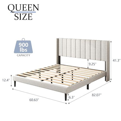 Queen Size Bed Frame with Upholstered Wingback Headboard, view 3