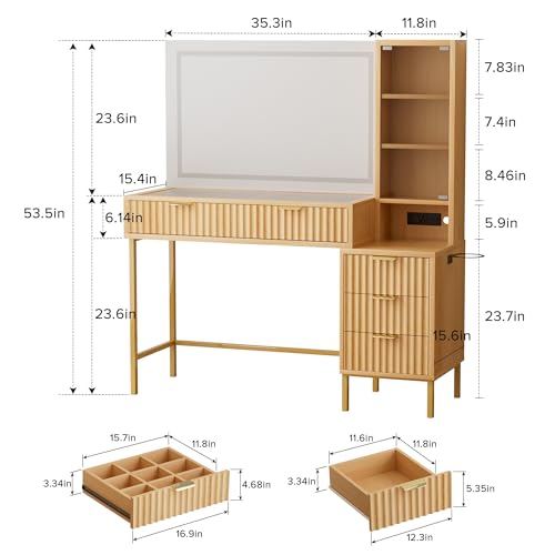 48" Fluted Makeup Vanity with Large LED Mirror and Glass Top, Oak, view 3