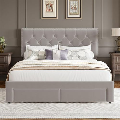 Full Size Velvet Upholstered Bed Frame, 2 Storage Drawers with Smooth Casters, Button Tufted Rivets Headboard, Wooden Slat Support, Noise Free & No Box Spring Needed, Beige Bedroom Bed