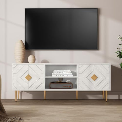 63'' White TV Stand for 65/70/75 inch TV, Entertainment Center with Storage Cabinets and Embossed Pattern Doors, Mid Century Modern Media TV Console Table for Living Room Bedroom