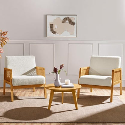 Yaheetech Rattan Accent Chairs Set of 2, Boho Vintage Armchair, Boucle Fabric Reading Chair with Wood Armrest and Legs for Living Room Bedroom Reception, Ivory