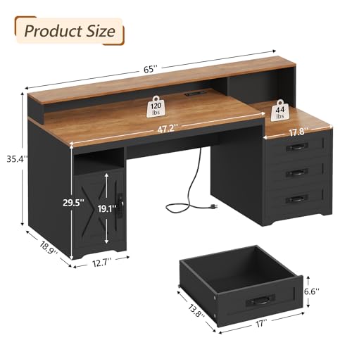 65" Farmhouse Computer Desk with Drawers and Printer Stand for Home Office, view 3