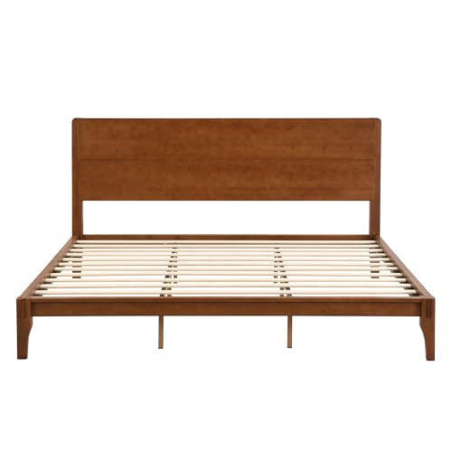 King Size Bamboo Platform Bed Frame with Tall Headboard, Brown, view 7