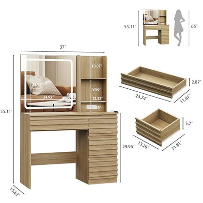 Vanity Desk with Lights, Fluted Vanity with 4 Drawers, Open Shelves, view 3