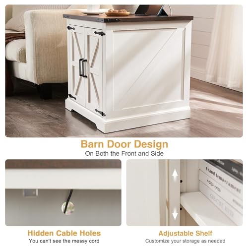 Farmhouse End Table with Charging Station,24" Large Sofa Side Table with Barn Door, Rustic Wood Square Nightstand Bedside Table with Adjustable Shelf for Living Room, Bedroom,Antique White