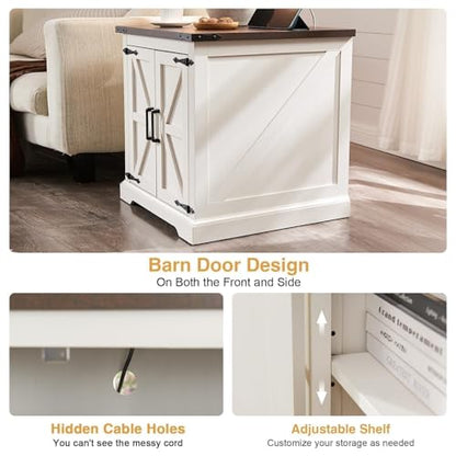 Farmhouse End Table with Charging Station,24" Large Sofa Side Table with Barn Door, Rustic Wood Square Nightstand Bedside Table with Adjustable Shelf for Living Room, Bedroom,Antique White