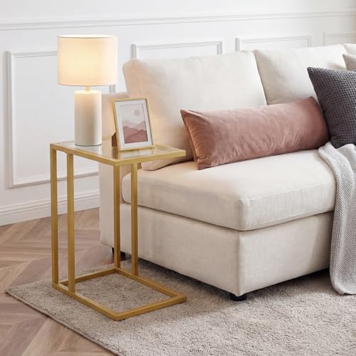 C Shaped End Table, Set of 2, Glass Side Table with Metal Frame, Gold Coffee Table for Small Space, Modern Style, for Living Room, Gold GD03SFP201