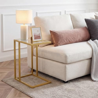 C Shaped End Table, Set of 2, Glass Side Table with Metal Frame, Gold Coffee Table for Small Space, Modern Style, for Living Room, Gold GD03SFP201