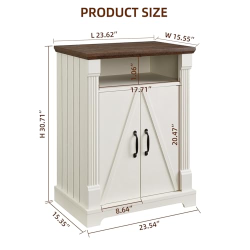 24" Farmhouse Storage Cabinet with Barn Doors, Antique White Freestanding Sideboard Buffet with Adjustable Shelf, Pantry Hutch Coffee Bar for Kitchen Bathroom Living Room - Small Floor Cabinet