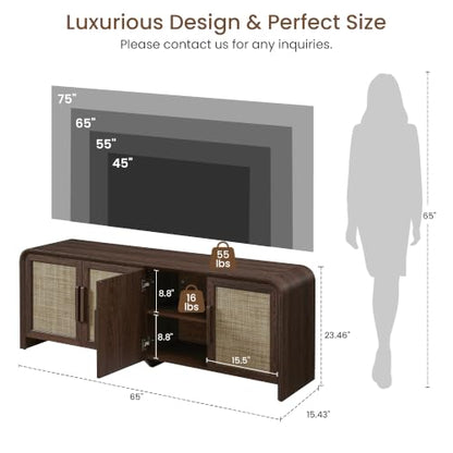65" Rattan TV Stand with Storage for 75" TV,Dark Walnut, view 3