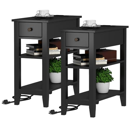 Black End Table Set of 2, Sofa Side Table Living Room with Charging Station,Narrow Night Stand with USB Ports & Power Outlets and Hidden Drawer