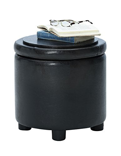 Designs4Comfort Round Accent Storage Ottoman in Black Faux Leather Fabric