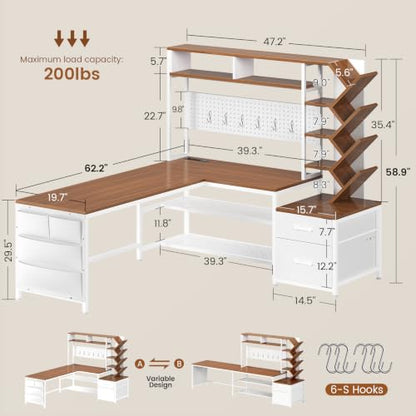L Shaped Office Desk with Drawers and Hutch, view 3