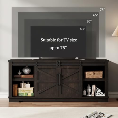 Farmhouse TV Stand, 66'' Wide Media Console with Barn Doors, Brown, view 5