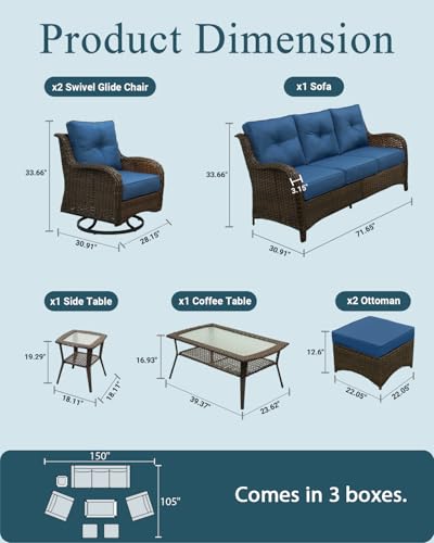 Patio Furniture Set, 7PCS Outdoor Wicker Conversation Set with 6" Thick Cushions, High Back Rattan Sofa & Swivel Rocker Chairs, Weather Resistant Olefin Fabric for Garden, Poolside, Navy Blue