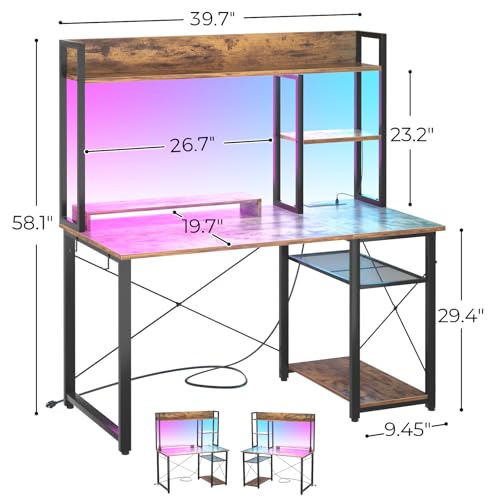 39'' Gaming Desk with Hutch and Reversible Storage Shelves, Rustic, view 3