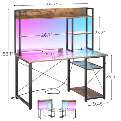 39'' Gaming Desk with Hutch and Reversible Storage Shelves, Rustic, view 3