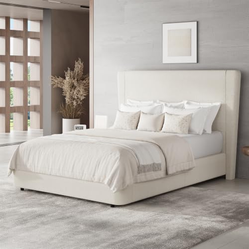 Boucle Queen Bed Frame, 51.2" Wingback Headboard, Beige, view 2