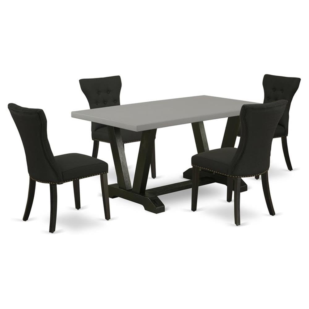 5-Piece Wood Dining Set, Rectangular Cement-Finish Table, Black Linen Upholstered Chairs, Solid Wood Frame, Button-Tufted Chair Back, Decorative Nail Heads, Modern Dining Room Furniture