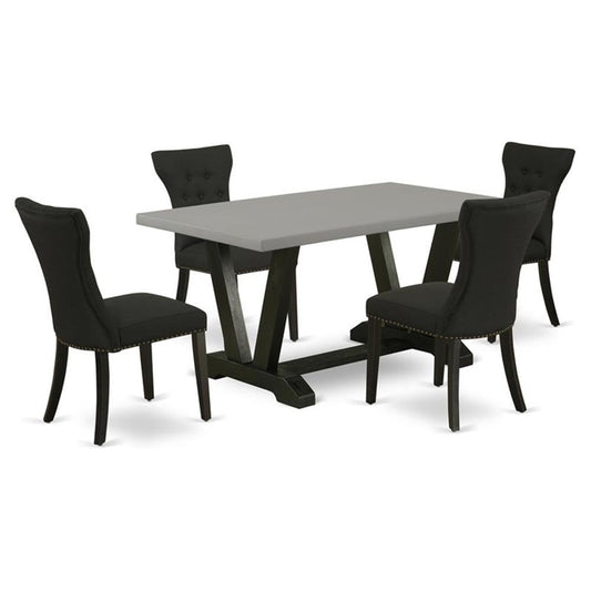 5-Piece Wood Dining Set, Rectangular Cement-Finish Table, Black Linen Upholstered Chairs, Solid Wood Frame, Button-Tufted Chair Back, Decorative Nail Heads, Modern Dining Room Furniture