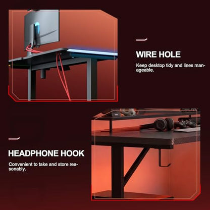55 Inch Gaming Desk with LED Lights, Large Computer Desk with Mouse Pad for Home Office, T-Shaped Carbon Fibre Surface PC Game Workstations with Headphone Hook