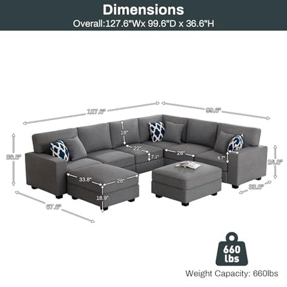 Oversized Modular Sectional Sofa,U/L‑Shaped Reversible Couch with Ottoman,Deep Seat Plush Polyester Sofa for Living Room,8‑Seater,Dark Grey