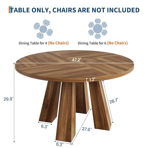 47" Round Dining Table for 4-6, Wood Kitchen Table with Sturdy Base, Farmhouse Circle Dinner Table for Dining Room, Living Room, 4 Strong Legs, Walnut