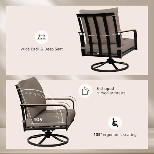 Patio Furniture Sets,4 Pieces Metal Outdoor Conversation Sofa Set with High Back Swivel Rocking Chairs with Anti-Scald Armrest,Double-Deck Wooden-Grain Table,6" Cushions for Yard