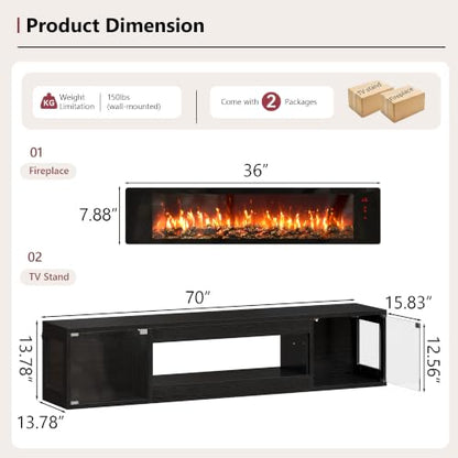 70 Inch Floating Fireplace TV Stand, TV Stand with 36" Fireplace, view 4